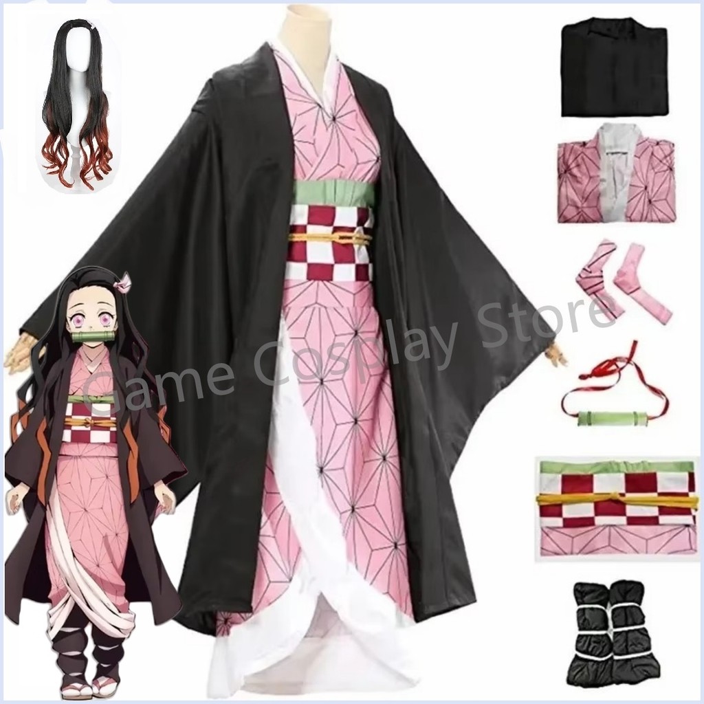 Anime Nezuko Cosplay Kamado Nezuko Cosplay Costume Nezuko Wig Uniform with Props for Adult Kids Hall