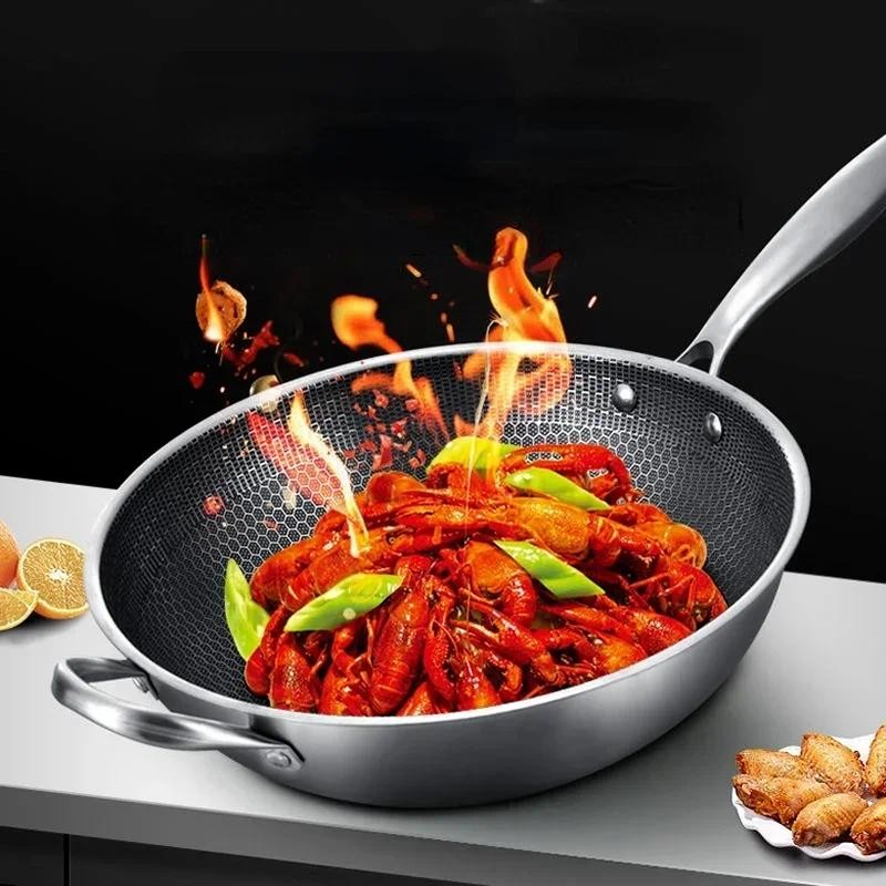 Non-stick Thick Honeycomb Handmade Uncoated Stainless Steel Wok Non-stick 304 Stainless Steel Gas/in
