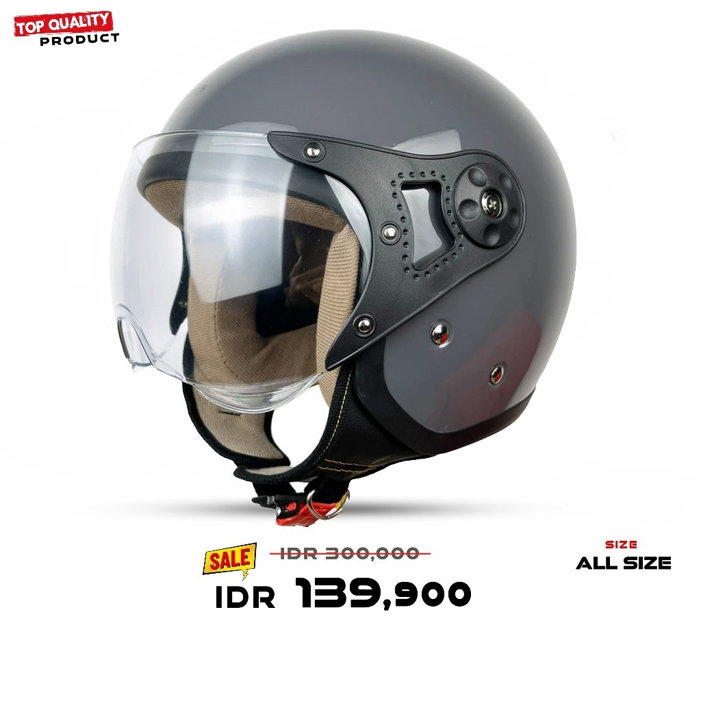 Helm Bogo Pilot MLA | Grey Glosy | Retro Dewasa Kaca Pilot | Helm Motor SNI Stylish Wanita