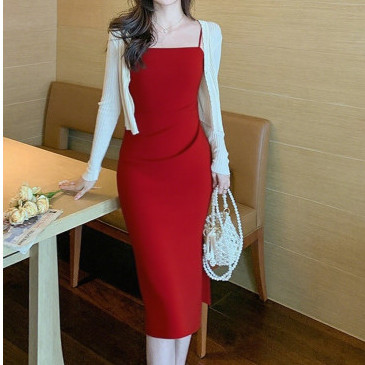 Korean Midi Merah Slim Fit Strapless Dress Wanita Natal Elegant Party Red Dress Terbaru 2025