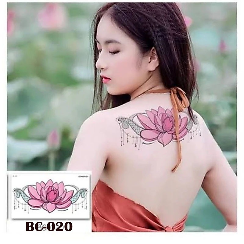 Tato Temporer Sementara Tahan Air Tatto Temporary Punggung Dada SERI BC-020 BUNGA TERATAI Merah Muda
