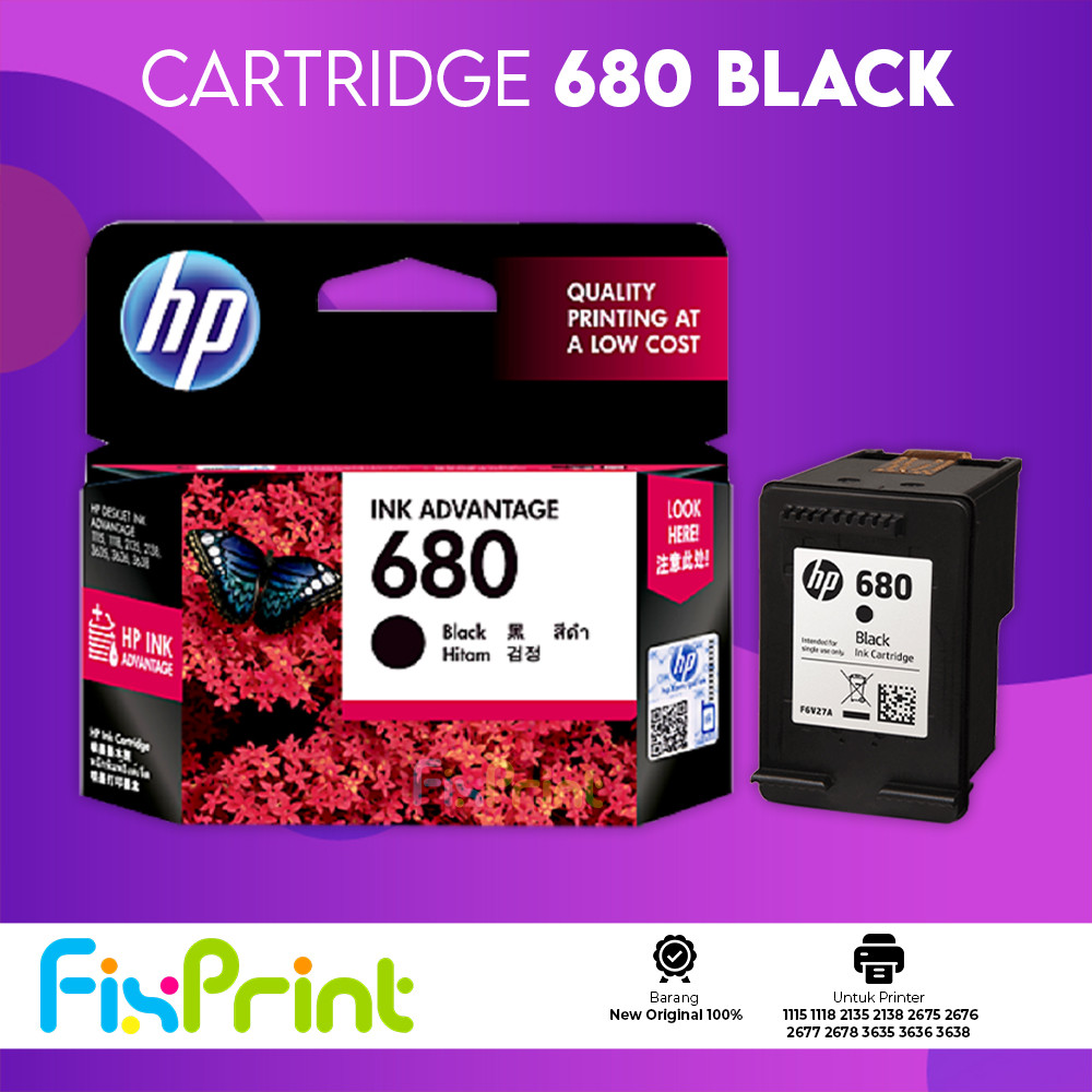 FixPrint Cartridge Tinta HP 680 Black F6V27AA Printer 1115 2135 2676 3775 4535 4675 5275 Color Origi