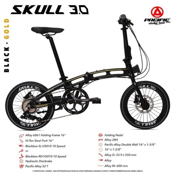 Sepeda Lipat PACIFIC 16 Inch Folding SKULL 3.0 - Black gold