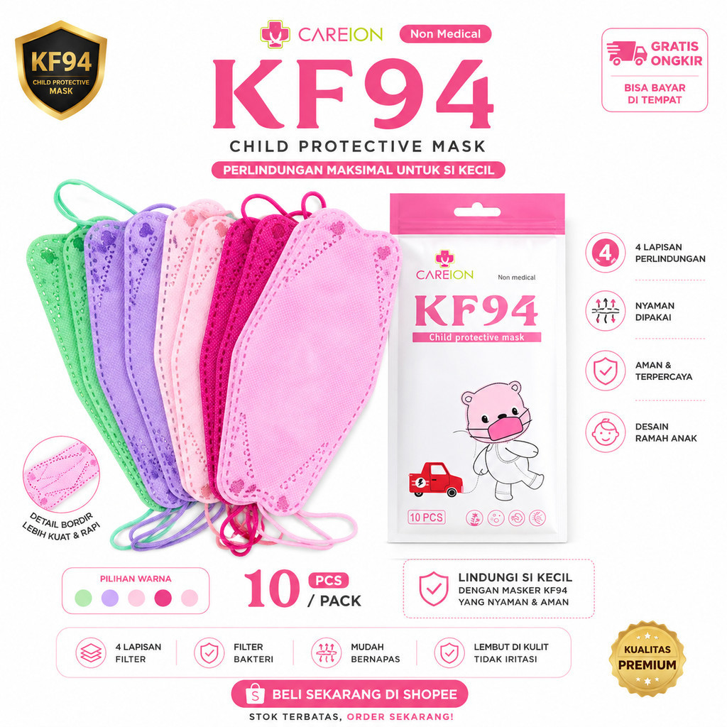 SACA MASKER KF94 ANAK POLOS MOTIF KARAKTER MIX USIA ISI 10PERPACK