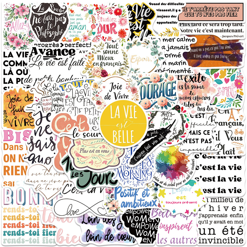 

50pcs Positive Laptop Decals Funny French Inspiring Motivational Phrases Stickers For Luggage Guitar Phone Stationery Decor