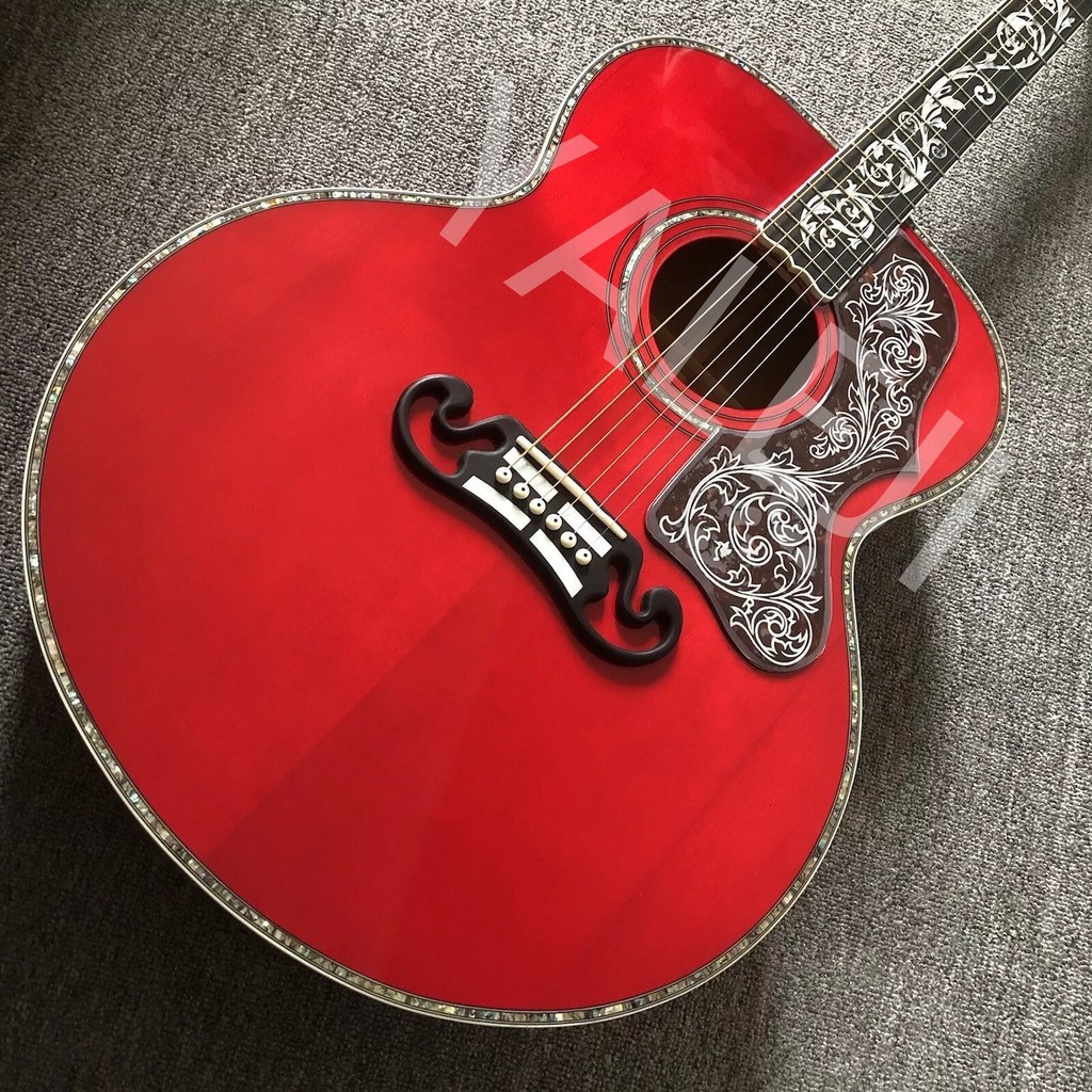Red body High quality acoustic guitar, ebony fingerboard. Abalone binding