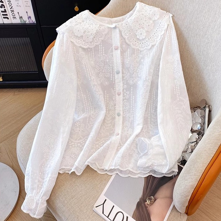 Kemeja renda berongga /Blouse Putih Korea White Blouse Basic Wanita / Kemeja Blouse Wanita