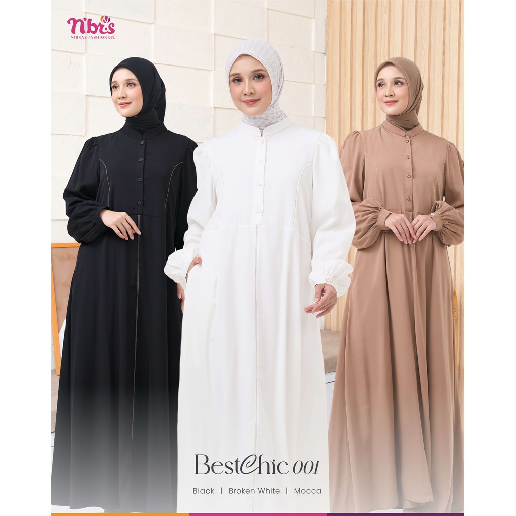Nibras Bestchic 001 Gamis Wanita Polos Simple Bahan Rayon Warna Black Mocca Broken White Adem Nyaman