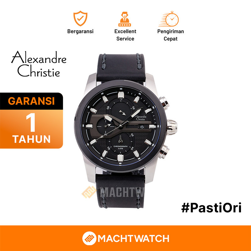 Jam Tangan Pria Alexandre Christie Chronograph AC 6562 MC LTBBA Men Black Dial Black Leather Strap
