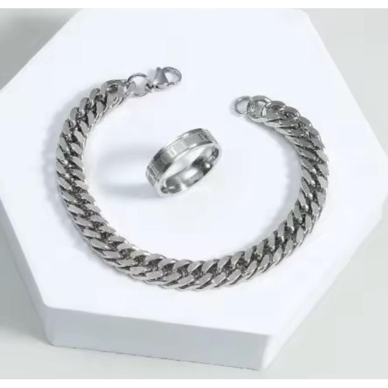 Titanium Gelang Rantai Rapat Dan Cincin Romawi Silver Anti Karat Elegan 1set Perhiasan
