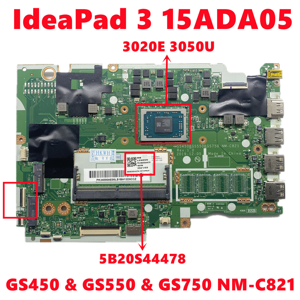 FRU:5B20S44478 GS450 & GS550 & GS750 NM-C821 For Lenovo IdeaPad 3 15ADA05 Laptop Motherboard With 30