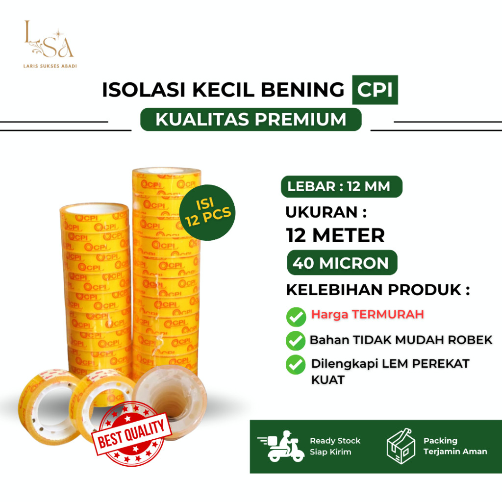 

Isolasi Solasi Kecil Uk.12 mm x 12 Meter Isi 12 PCS Merk CPI Solatip