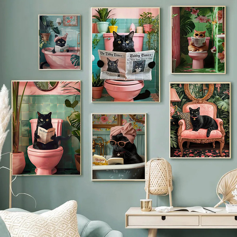

Fashion Cat Reading Newspaper In Bathtub Canvas Art Printing - Fun Cat Reading, Poster Printing, For Office Bathroom Home Decor