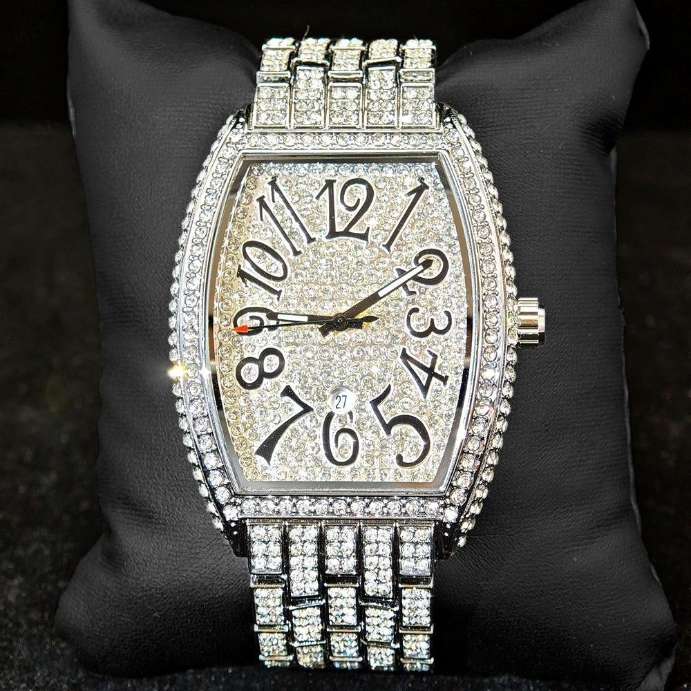 UNIGUETLuxury Ice Mans Watch Popular Tonneau Full Diamond Silver Geneva Male Watch Hip Hop Original 