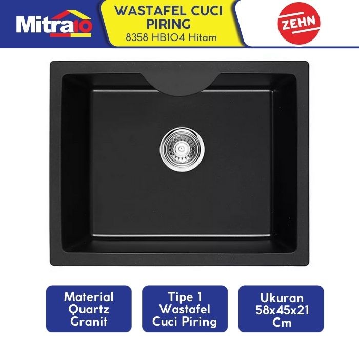 Wastafel Granite Zehn+ 1 Kolom Hitam 58x45x21cm 8358 HB104 - Single Sink Black