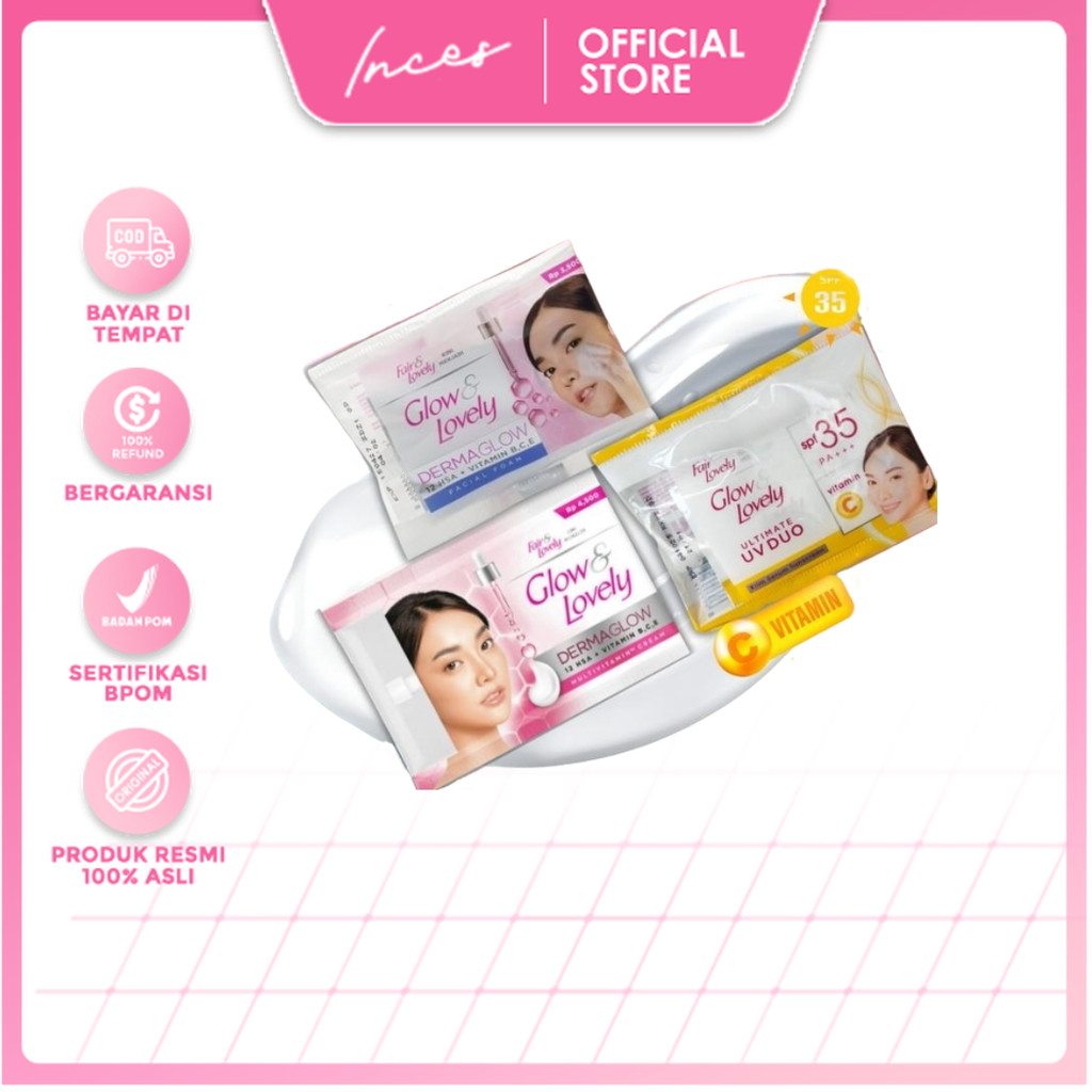 inces - GLOW & LOVELY SACHET [1 RENCENG ISI 12PCS] CREAM | FACIAL FOAM | VIT C | SUNSCREEN