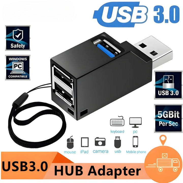 USB Hub 3.0 3 Port 5 Gbps High Speed T Colokan Cabang Lubang Ganda Komputer Laptop Mouse Keyboard Fl