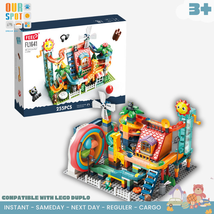 Terlaris Feelo 255pcs Assembly house roof slideway - brick besar - marble run