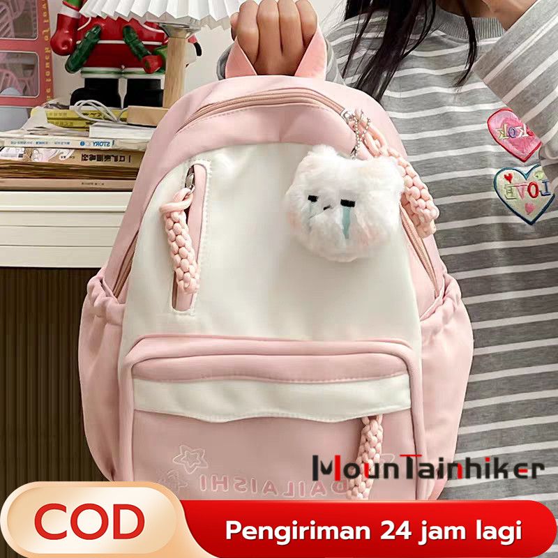 Tas Sekolah Wanita Bonus Charm Gratis - Tas Ransel Korean Style Warna Dopamine Pink Putih - Backpack