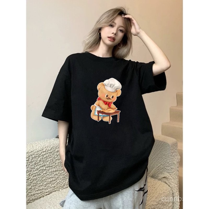 Kaos bermotif hitam putih untuk pria dan wanita Beruang Koki Piano 100% katun   Kaos Oversize Wanita