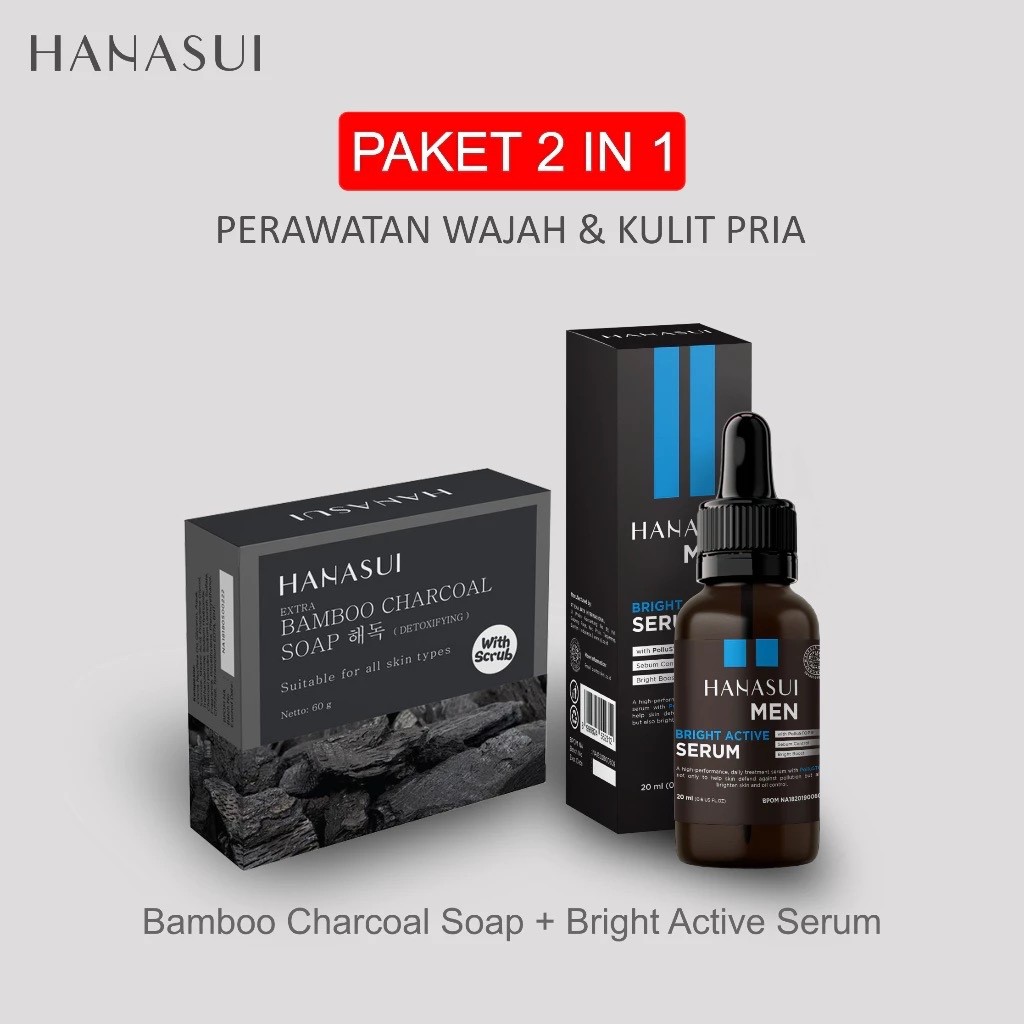 [ BPOM ] Paket Perawatan Wajah Hanasui 2IN1 Pemutih Wajah Hanasui Men Serum & Sabun Bamboo Charcoal 