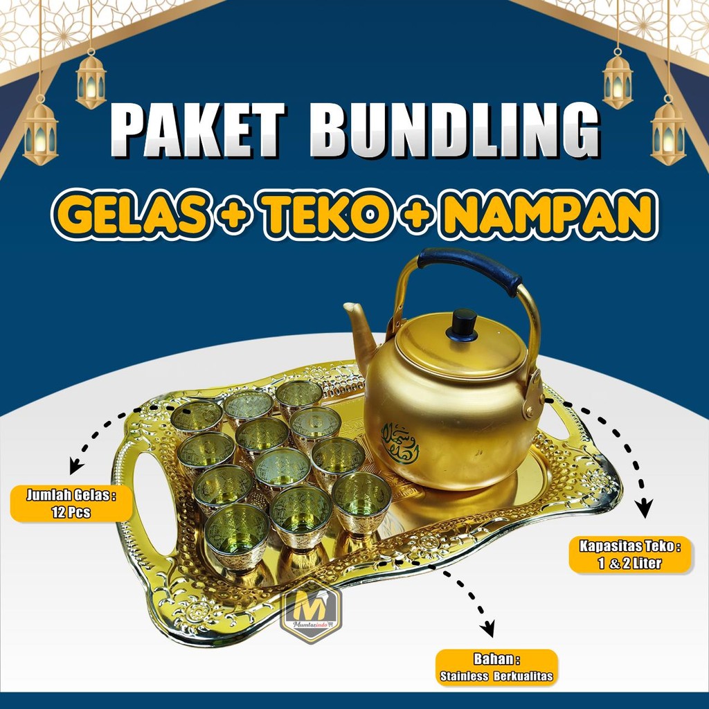 MUMTAZINDO - Paket Set Bundling Gelas Teko Nampan Khas Timur Tengah Wadah Air Zam-zam / Set Teko Kun