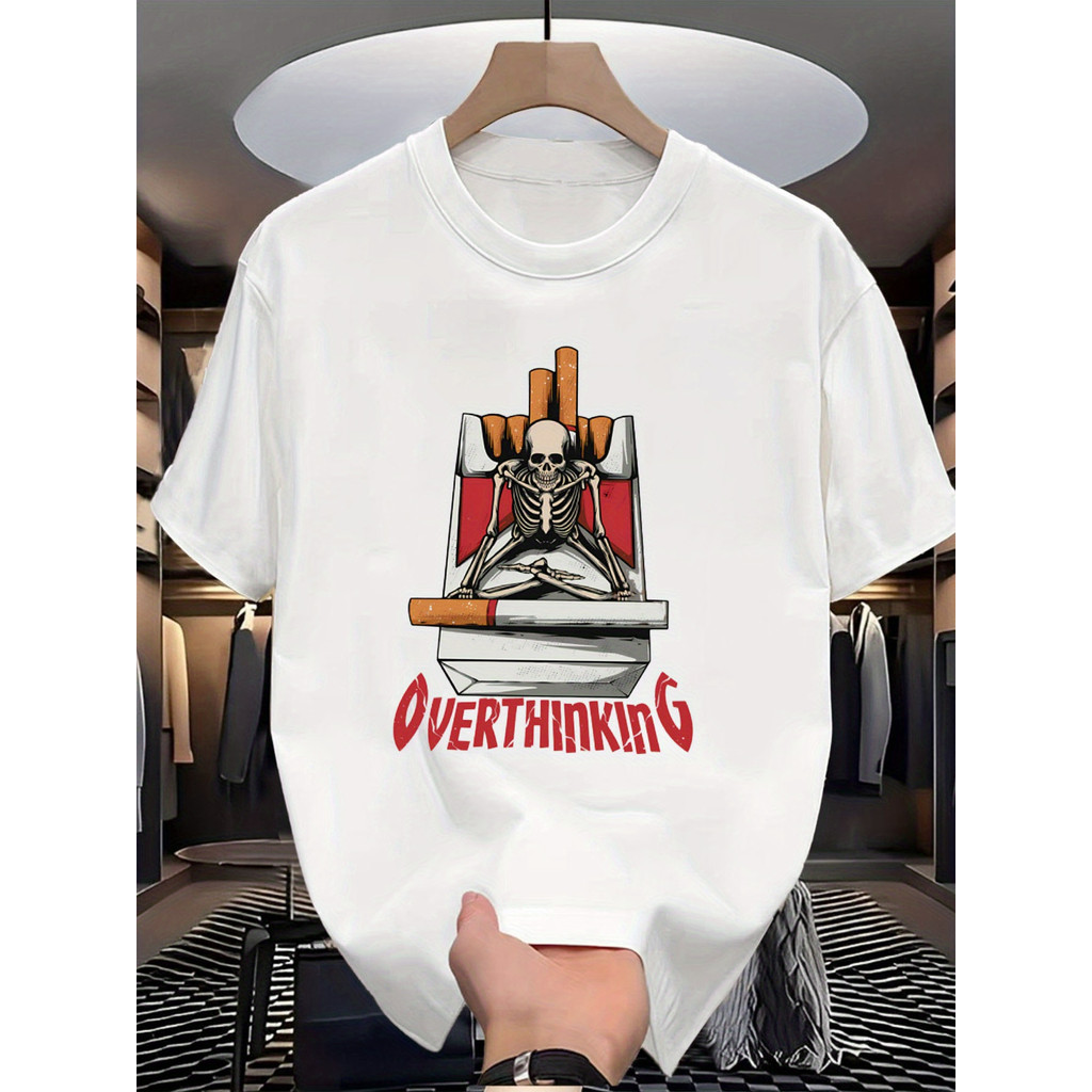 Kaos Grafis Slogan Pria Putih Paket & Berpikir Berlebihan - Cetakan Kerangka & Kotak Bertema Merokok