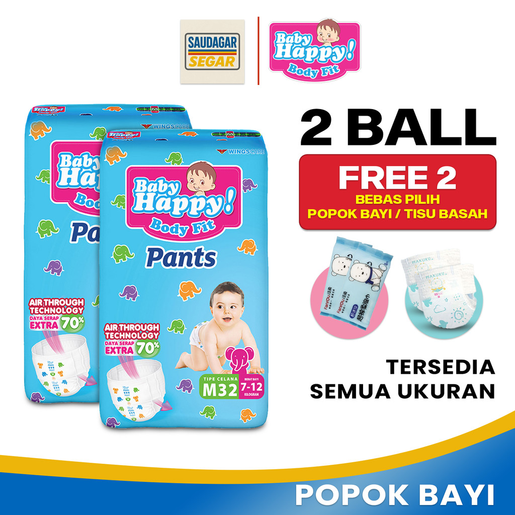 2 Ball Gratis 2 Baby Happy Popok Bayi 2 Ball Celana Body Fit All Varian