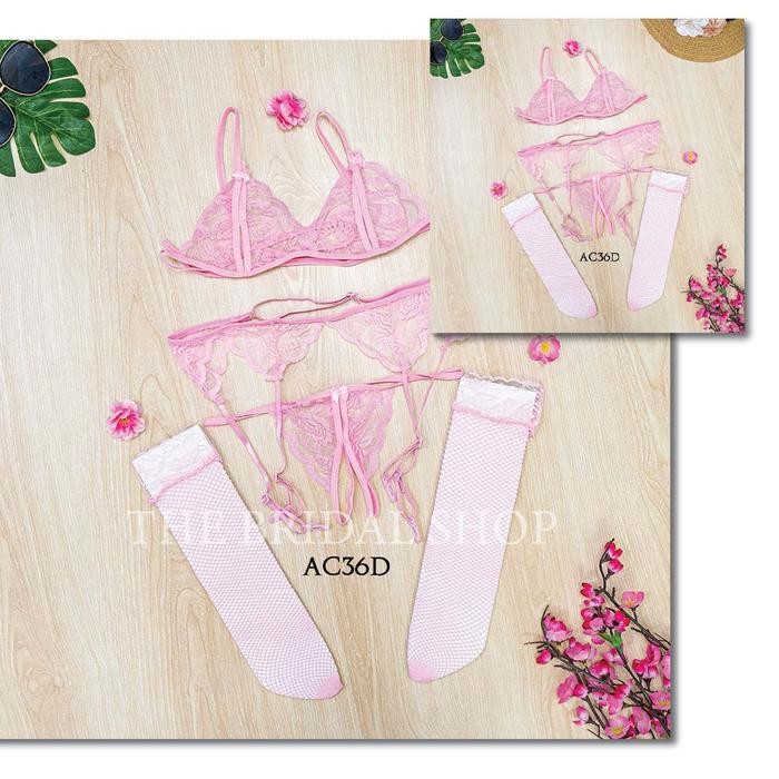 Lingerie Garter Belt Stocking Jaring Premium Set Bra CD Brokat Pink AC36D