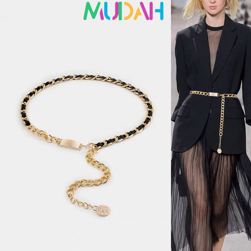 Belt Chain Fashion Korea Ikat Pinggang Wanita Rantai Metal Pinggang Metal Hitam untuk Gaun