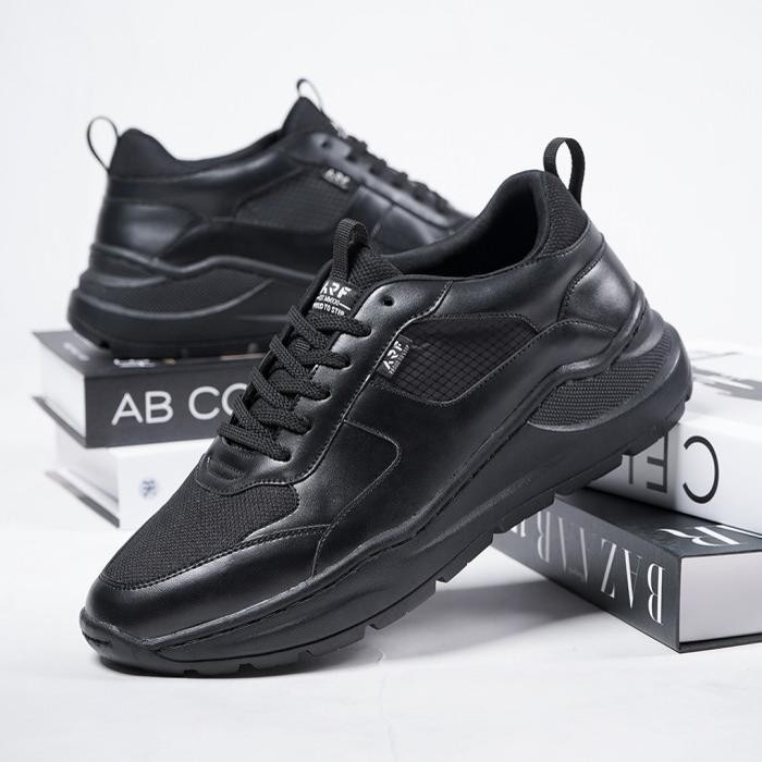 JAGUAR BLACK |ManNeedMe x ARF| Sepatu Sneakers Pria Casual Shoes JAHIT SOL PREMIUM - Full Black, 39