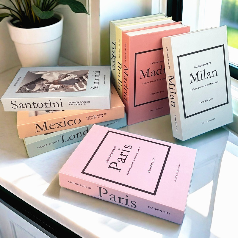 Luxury Fake Book Storage Box Pink Decorative Books Urban Architecture Coffee Table Living Room Home 