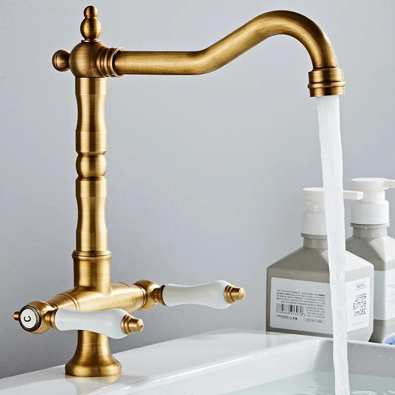 Keran Dapur Tembaga Antik Kran Mixer Meja Panas Dingin Wastafel Cuci Piring Putar 360 Dua Handle