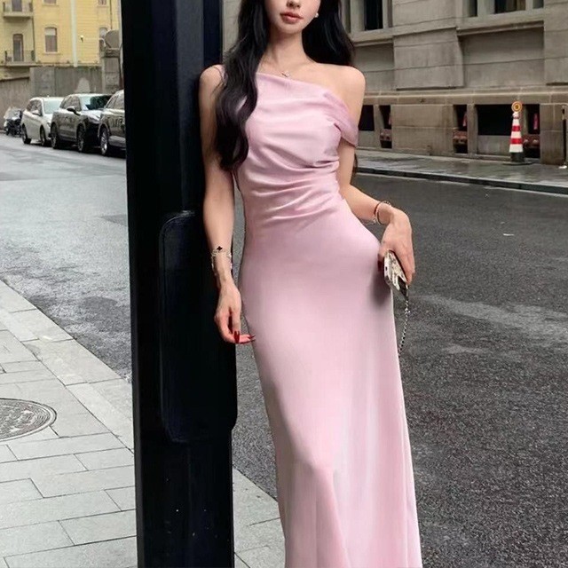 Dress Pesta Satin Elegan Seksi Pink AA03