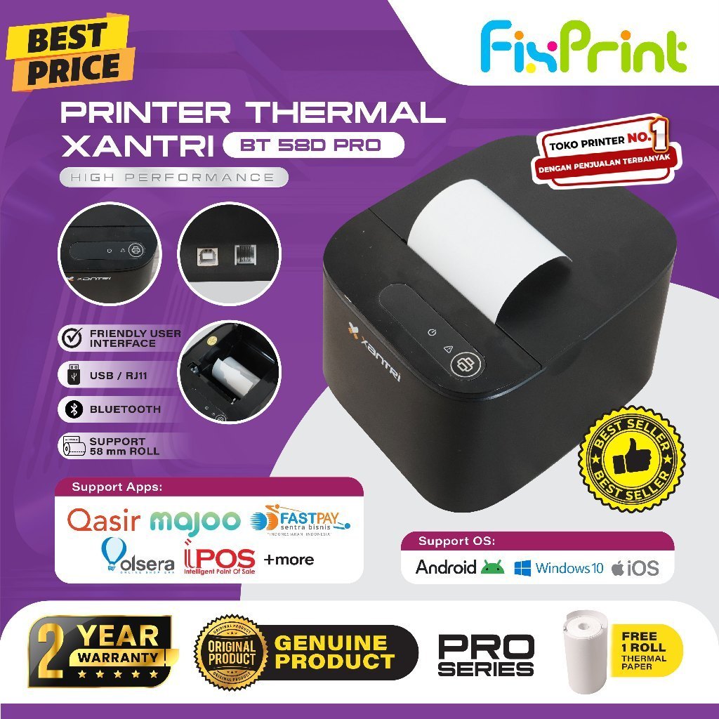 FixPrint Printer Kasir Iware THermal Xantri BT-58D PRO, BT-58D Black / White USB Bluetooth 58mm - C5