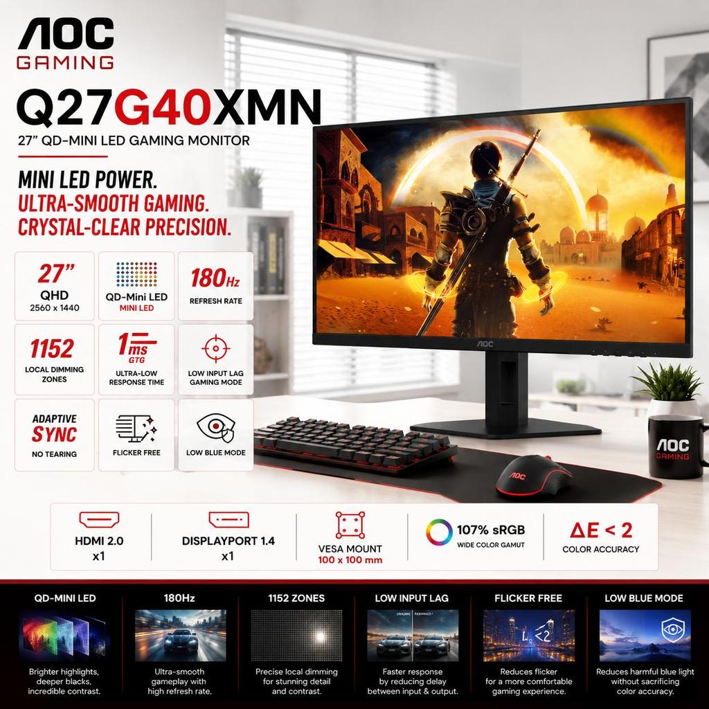 Monitor Mini LED AOC Q27G40XMN 27" QD-Mini LED 1440p 2K QHD 180Hz HDMI 2.0x1 DP1.4x1 Vesa 100x100mm 