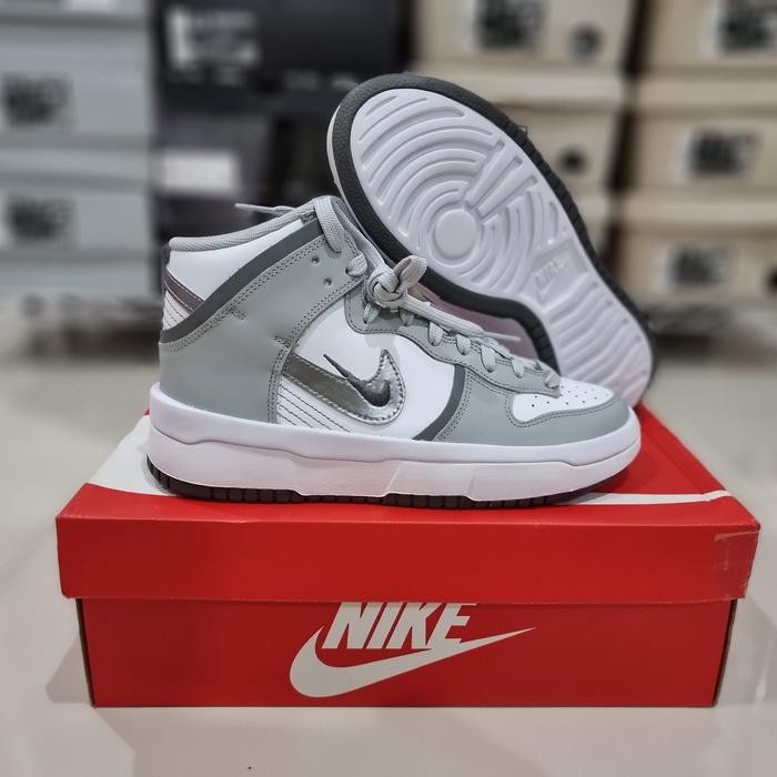 sepatu sneakers wanita nike dunk high up grey silver white