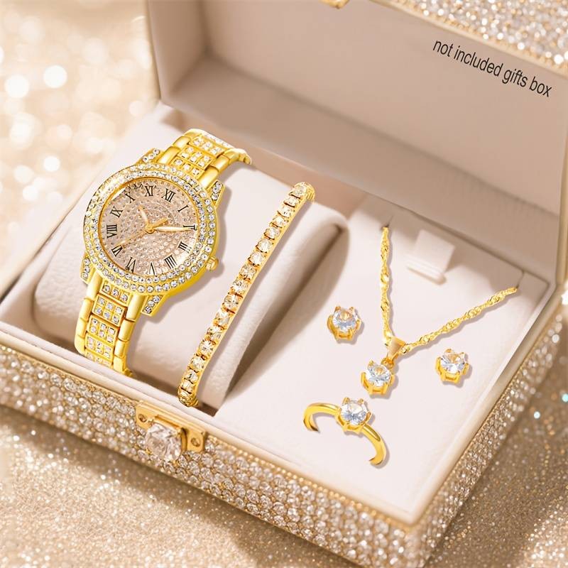5pcs Set Jam Tangan Wanita Jam Tangan Kuarsa Elegan Dan Perhiasan Set Mode Jam Tangan Bulat Kalung B