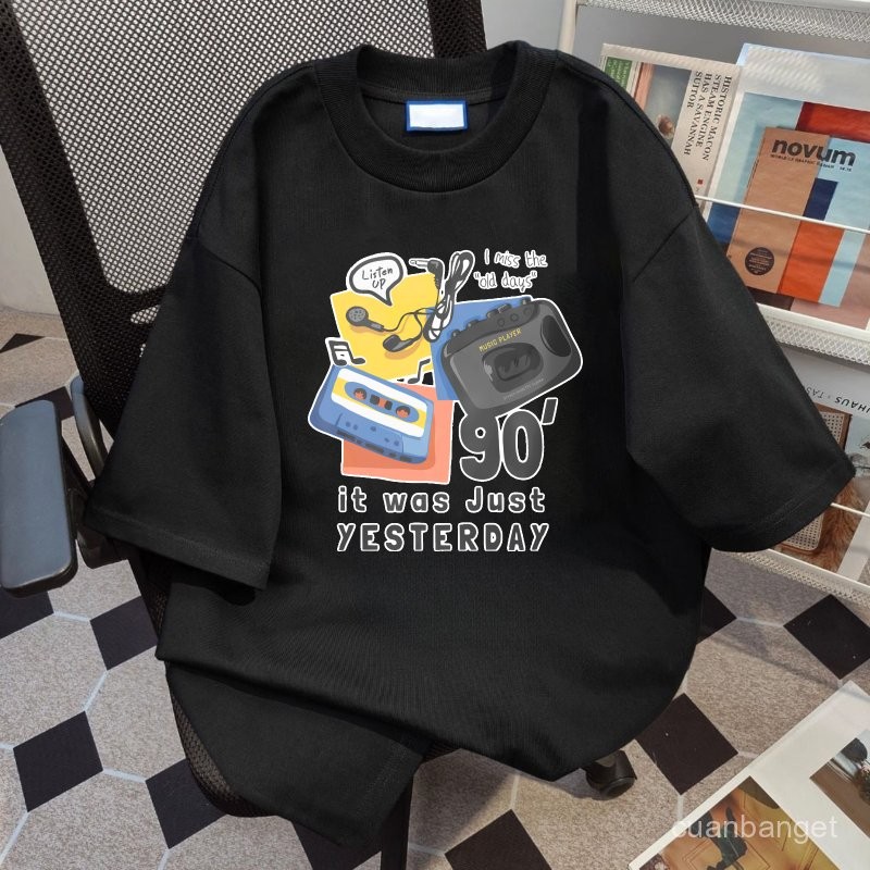 Kaos bermotif hitam putih untuk pria dan wanita Retro Kaset Pita 100% katun  Baju Cewek Kekinian Kor