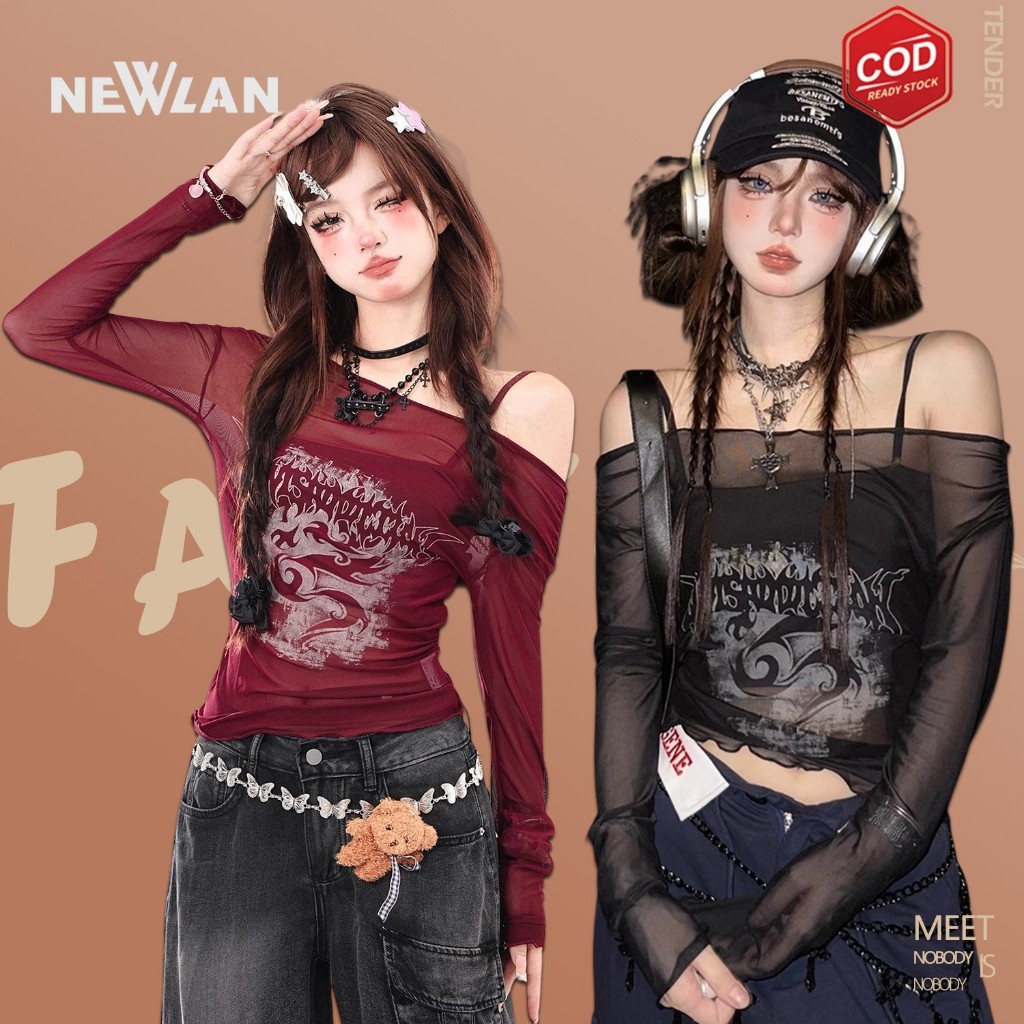 Yoohui ZZ125 Atasan T-shirt Kaus Lengan Panjang Merah Off Shoulder Top Slimfit Wanita Jersey Retro C