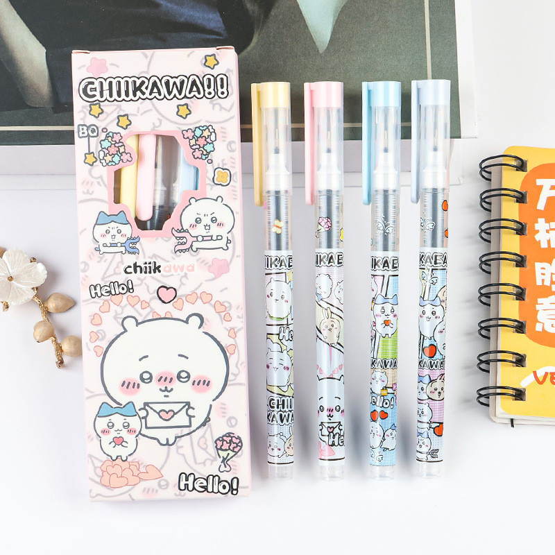 

-JOJU- 1SET 4PCS PULPEN GEL CAIR MOTIF KARTUN SHINCHAN, LABUBU, CHIIKAWA LUCU MENGGEMASKAN TINTA HITAM