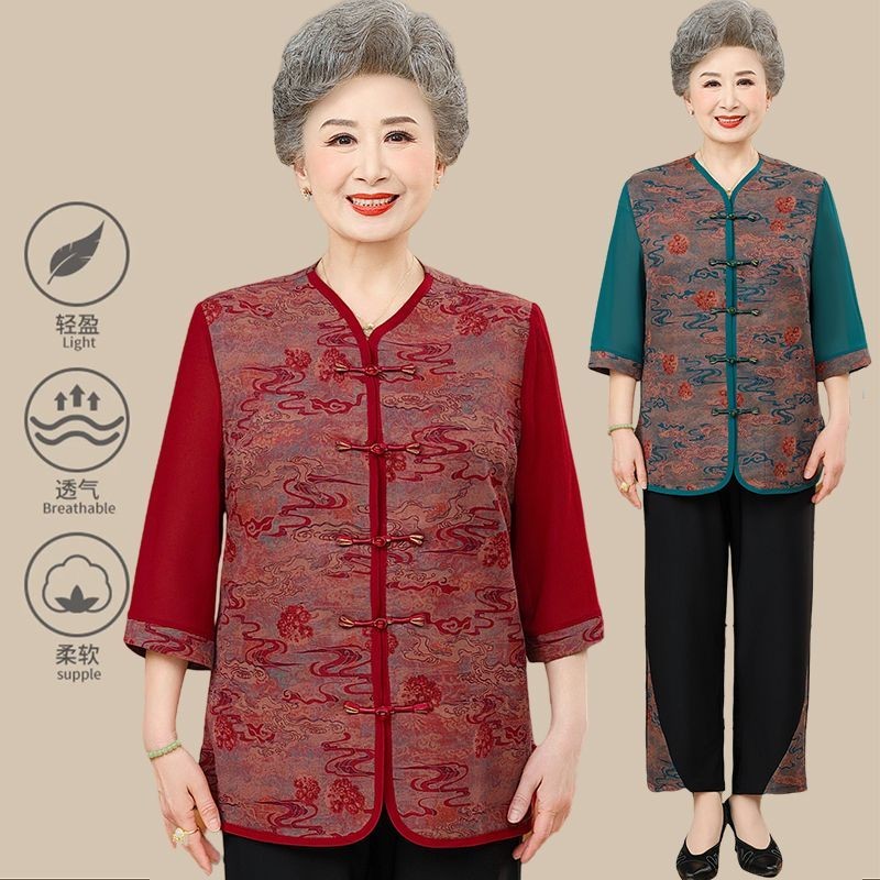 Orang tua musim panas wanita pakaian baju lengan menengah set nenek pakaian pakaian top angin Cina i