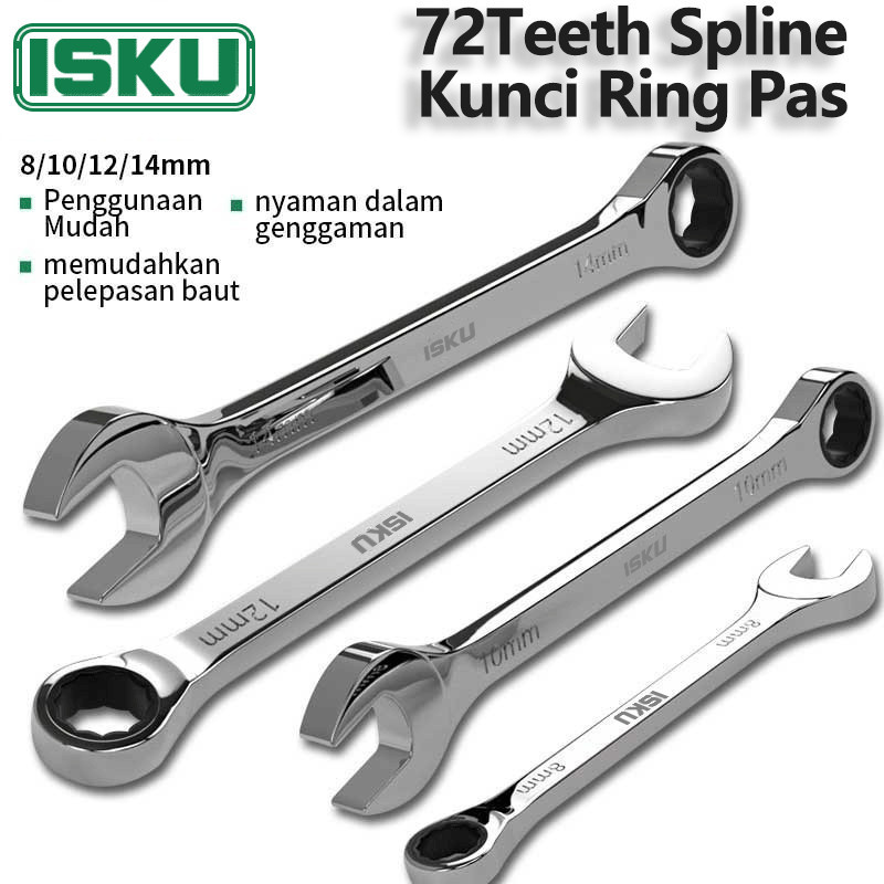 Isku Kunci Ring Rachet 8-19mm Kunci Ring Pas Rachet 72gigi Kunci Ring Pas Rachet Kunci Ratchet