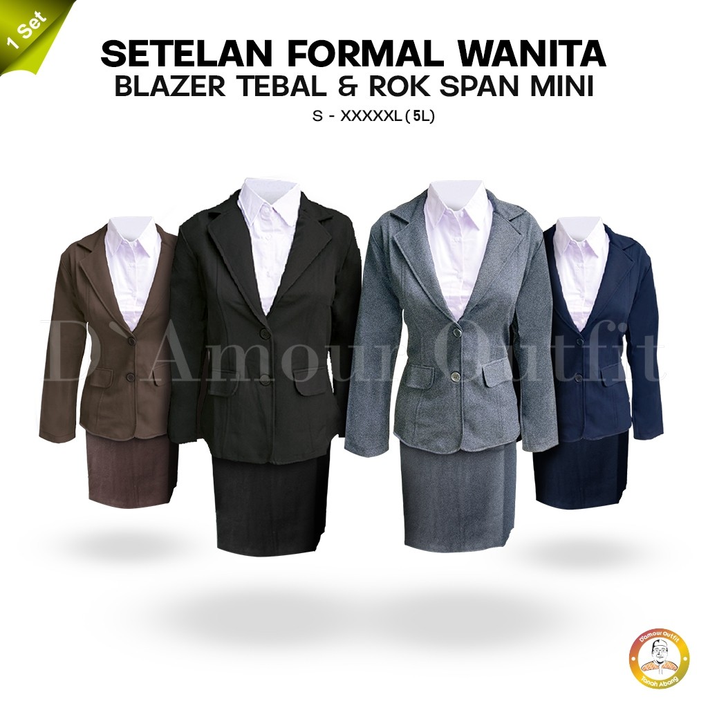 SAXCSHOP One Set Jas Blazer Rok Span Mini Pendek Wanita Stelan Jas Kerja Plus Rok Mini Kantor Cewe P