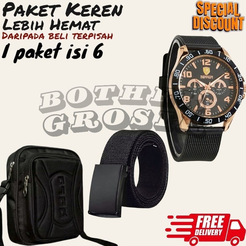 (Promo Paket Istimewa Pria Keren Combo Star Pria Terbaru ) 6 In 1/Jam Tangan Pria Keren Beli Jam Tan