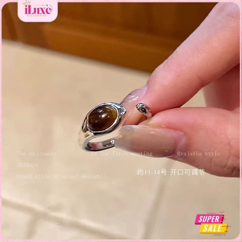 Cincin Giok Batu Alam Silver Batu Akik Adjustable Ring Anti Karat mata kucing