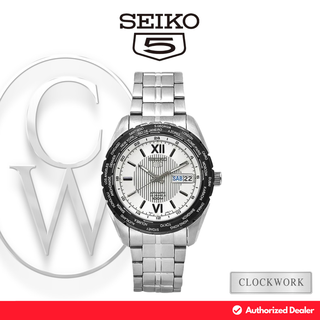 Jam Tangan Pria Seiko 5 SNZG63K1 World Time Automatic Silver Stainless Steel Strap Dial Putih