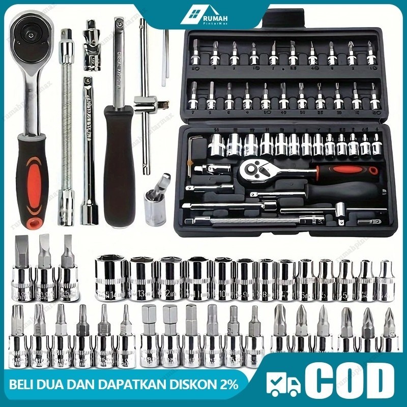 Set Kunci Sok Kunci Shock 46 pcs Mobil Motor Lengkap Socket Tool Kit set Pas Ring Motor Mobil KUNCI 