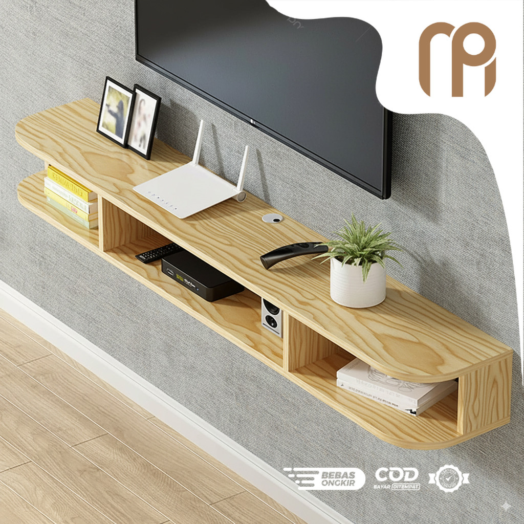 Rak TV Gantung Kayu Pinus Premium – Floating Shelf Estetik Minimalis, Kokoh & Rapi, Bisa Custom Ukur