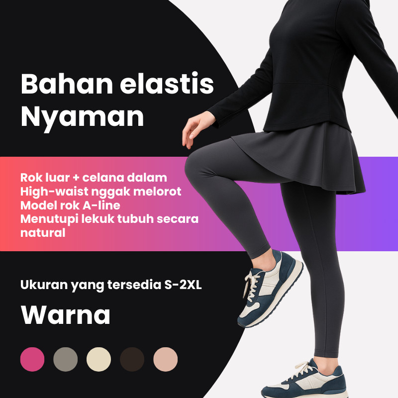 Celana Rok Wanita 2-in-1 Berkantong Upsize Legging Hitam Olahraga Wanita Rok Panjang Ukuran Besar Bl